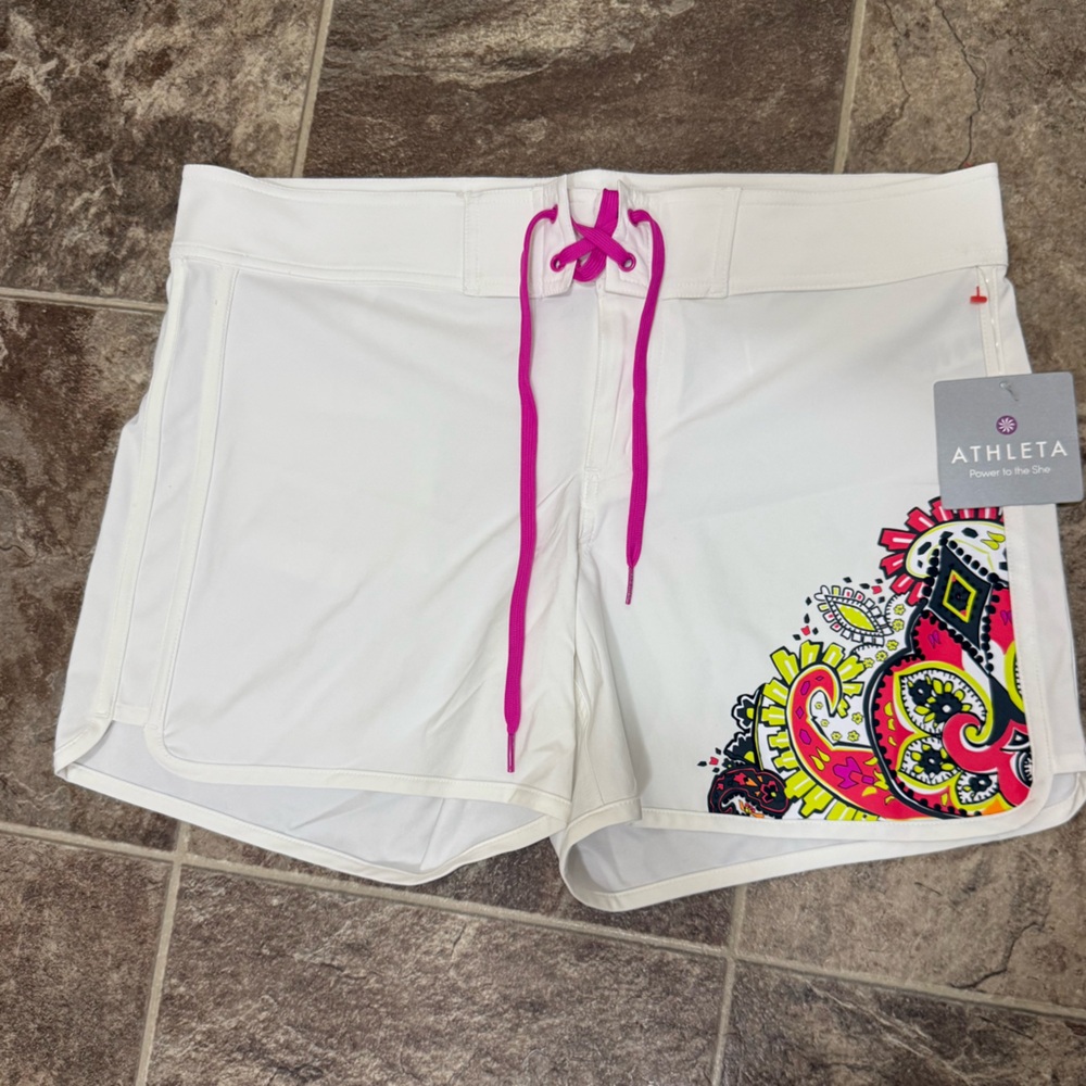 Athleta White Shorts with Pink and Multicolor Design